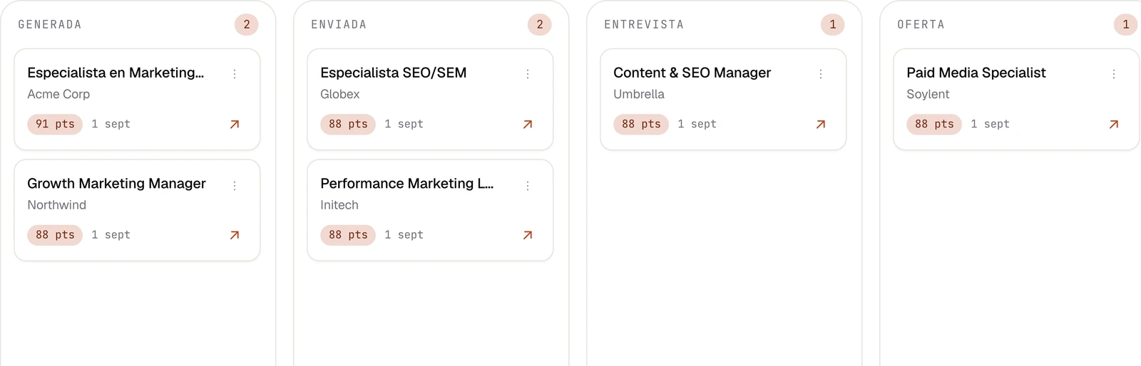 Pantalla de la app mostrando el tablero kanban de candidaturas por etapas