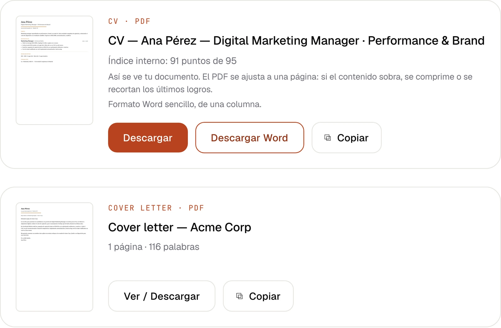 El CV adaptado y la carta de presentación generados, listos para descargar.