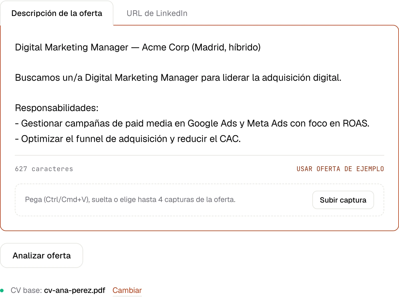 Pantalla para pegar la descripción de la oferta o importarla desde su URL de LinkedIn.